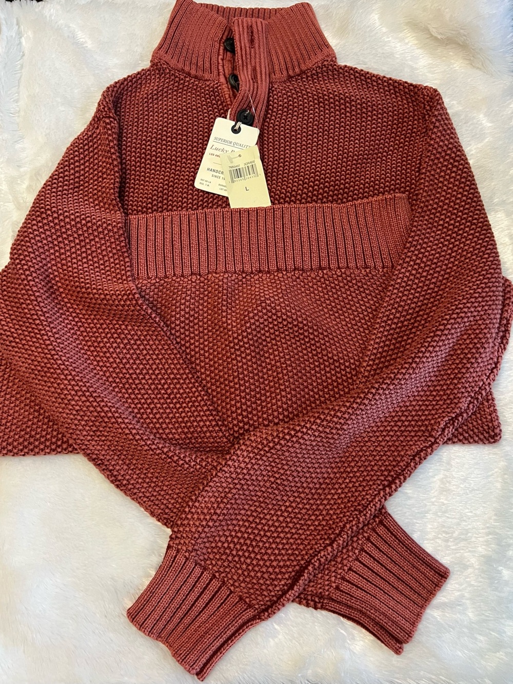 Lucky Brand Brick Red Ribbed Funnel Neck Button Pullover Sweater - Picture 5 of 9